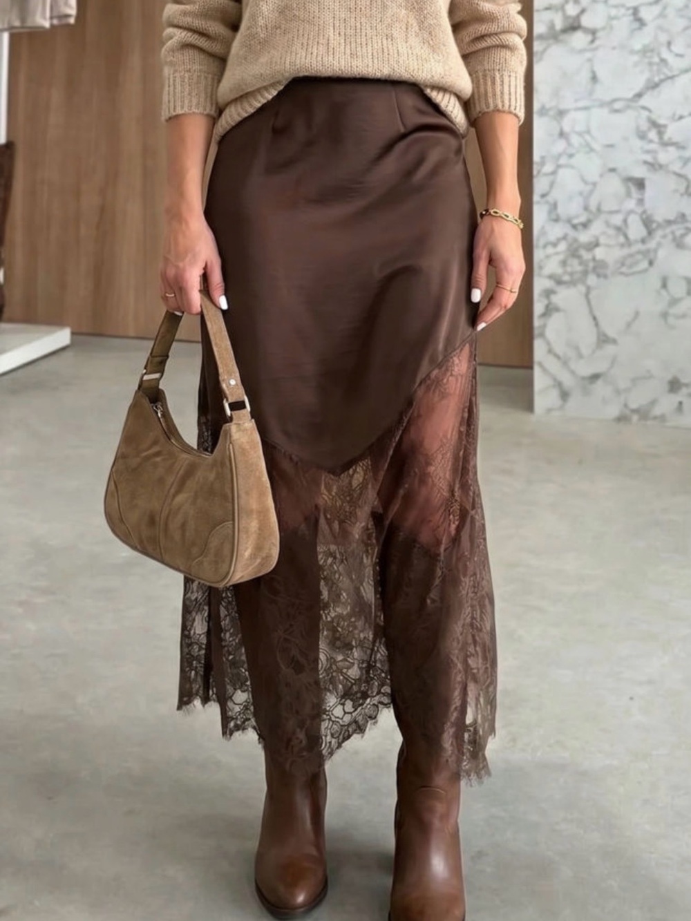 Brown Lace-Trim Midi Slip Skirt - Women - Picture 2 of 3